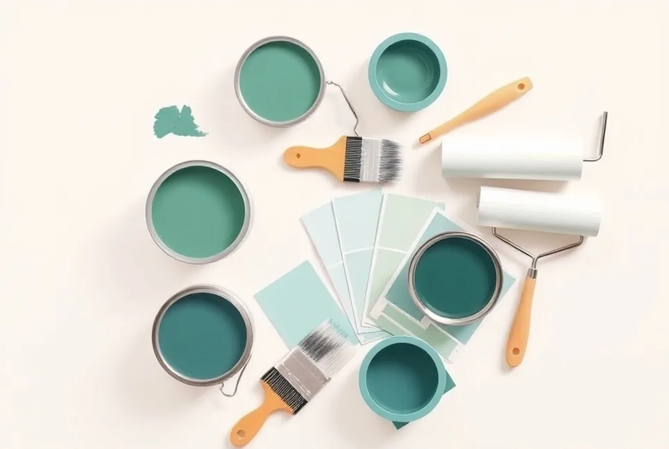Pots de peinture, nuancier, brosses et rouleaux disposés à plat