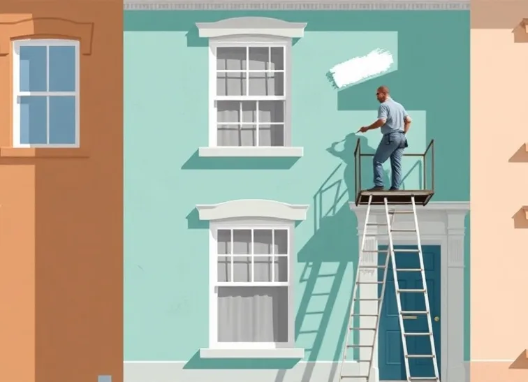 Peintre sur échafaudage traitant la façade d'une maison