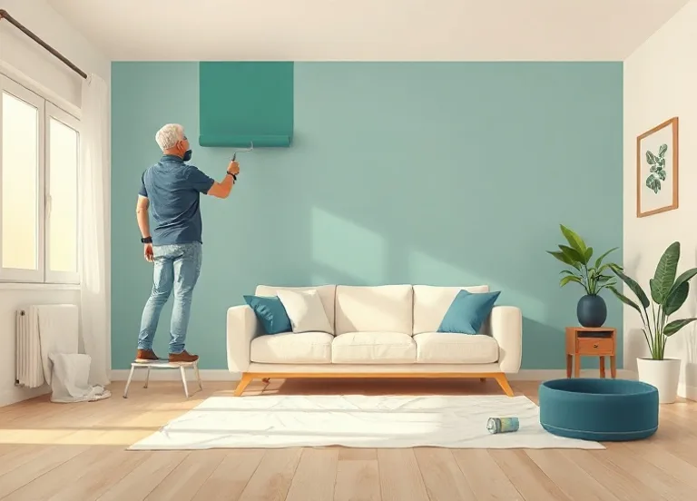 Peintre appliquant la peinture au rouleau sur un mur de salon